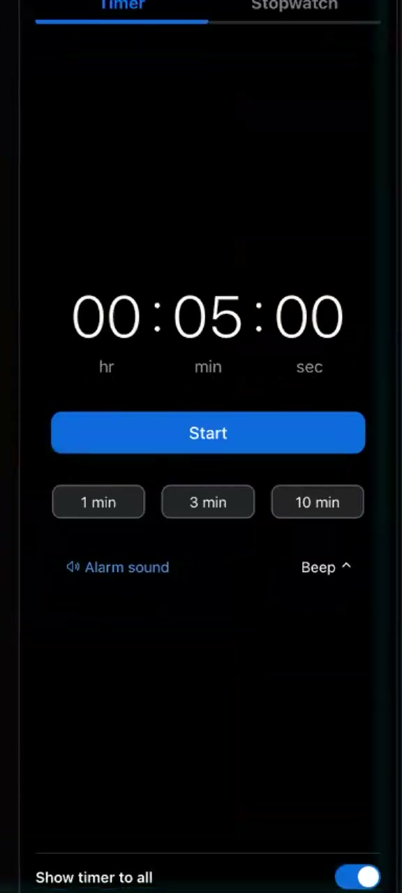 Zoomのタイマーアプリ。00:05:00の表示と、Startボタン、1分、3分、10分のボタンがある